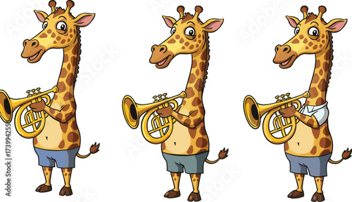 Funny cartoon giraffe character playing trumpet wearing shorts and shirt, adorable animal musician illustration for kids, vector art design styleFunny cartoon giraffe character playing trump