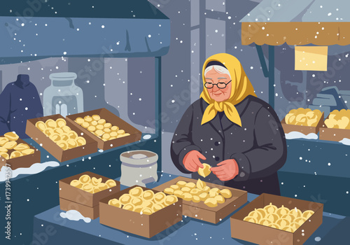 Woman sells dumplings at a snowy outdoor market stall with boxes of food