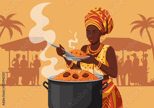 Woman serving rice dish by a large pot with market stalls and palm trees in the background