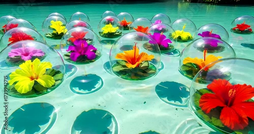 Vibrant hibiscus flowers floating in clear water under sunny skies