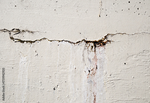 Vertical crack in concrete wall with water seepage. Outdoor wall damage with rust, efflorescence, moisture and discoloration. Structural defect or foundation problem from water. Selective focus.