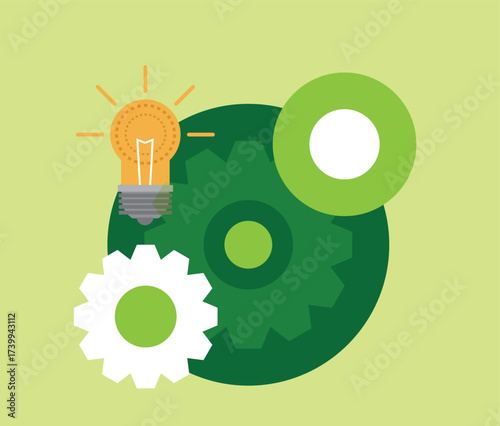 Light Bulb and Gear Cogwheels Flat Style. Technology and electricity, energy consumption vector art