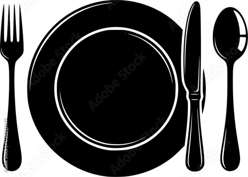 Plate with cutlery, Plate fork spoon knife, Plate with cutlery silhouette, Restaurant logo, Empty plate and cutlery