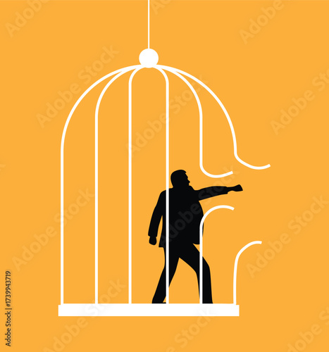Silhouette of Business Man Breaking out of a Cage. People and activities, white collar workers and company leadership CEO