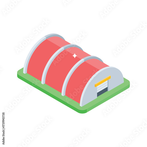 Trendy Isometric warehouse building icon for logistics and storage operations.