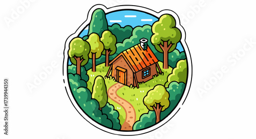 a vibrant vector illustration of a cabin nestled in a lush green forest surrounded by trees and nature