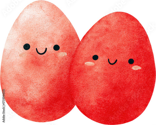 Two smiling eggs with cute faces and a watercolor effect.