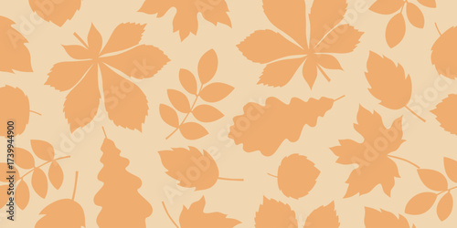 Seamless pattern with autumn leaf silhouettes in flat minimal style. Vector background.