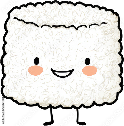 Cute sushi roll character with happy expression and tiny legs.