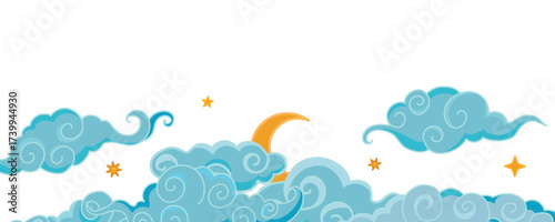 Tibetan sky. Blue Asian cloud with moon, sun and stars. Japanese Korean Chinese cloud style. Asian traditional ornaments. Border pattern. Vector illustration