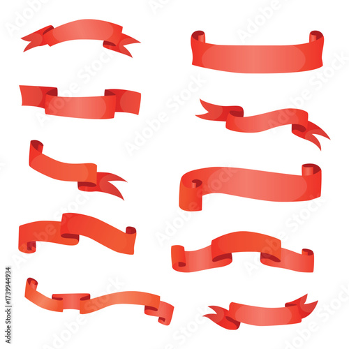 Set of red ribbons for decoration. Classic. Bow, award. Strip of fabric. Silk. Stamp. Place for inscription. Vector illustration on a white background.
