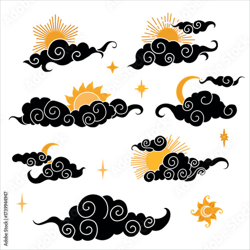 Smoke. Set Black Asian cloud with moon, sun and stars. Japanese Korean Chinese cloud style. Asian traditional ornaments. Vector illustration