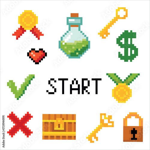 Set of objects. Pixel art. Game elements. Environment for Retro 8 bit icons for old school platformer video game. Vector illustration isolated on white background.
