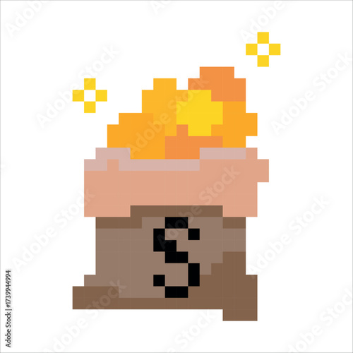 Coin. Money. Gold. Wine. Game elements. Retro 8 bit icons for old school platformer video game. Pixel art. Vector illustration isolated on white background.