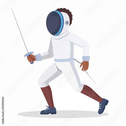 A person in fencing attire, holding a sword, in a poised stance, ready to compete.