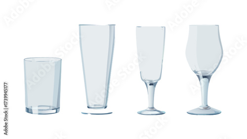 A selection of four empty drinking glasses of different shapes and sizes lined up on a white surface