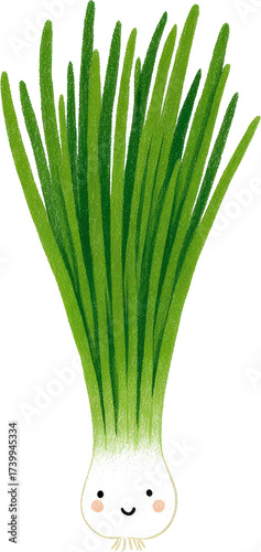 Cute Cartoon Green Onion with Smiling Face on White Background.