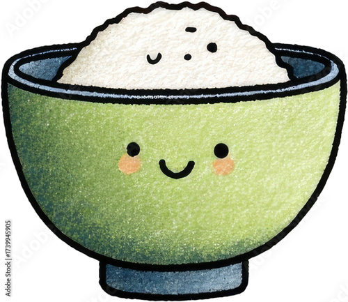 Cute Cartoon Bowl of Rice with Smiling Face.