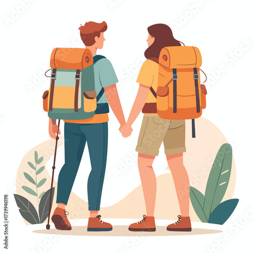 A couple holding hands, seen from behind, hiking with backpacks and a walking stick in a stylized outdoor setting.