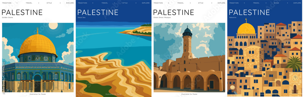 Naklejka premium Vector illustration of Palestine for tourism, travel, promotional poster, advertising tours, guidebooks, brochures, magazine, book covers, geography, wallpaper, prints, sticker, postcards, stamps.