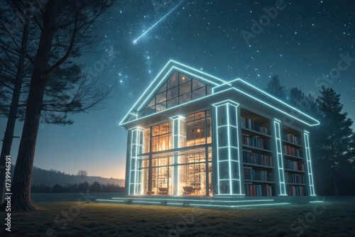 Modern illuminated house surrounded by trees under a starry night sky with a shooting star