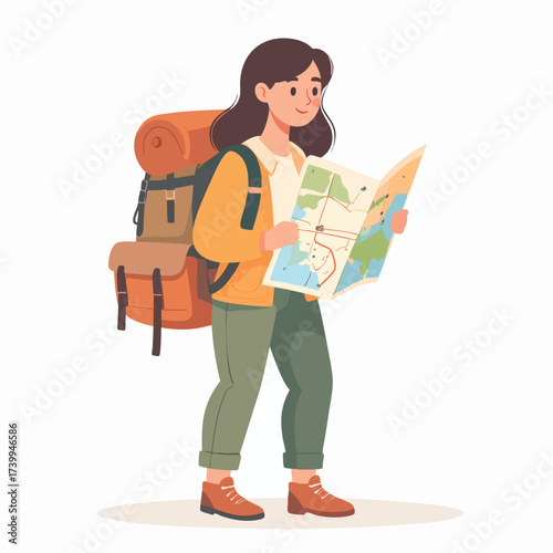 A young woman with a large backpack studies a map, seemingly planning her hiking route.