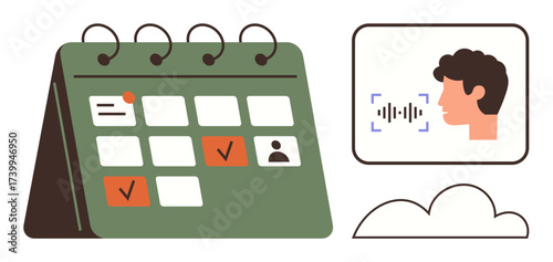 Spiral-bound calendar with events marked, voice recognition icon beside it, and cloud element. Ideal for time management, scheduling, productivity, AI technology, planning, communication