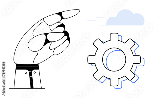 Robotic hand points at a gear beneath a cloud, representing automation, AI, or mechanical processes. Ideal for technology, innovation, engineering, future trends, productivity science simple flat