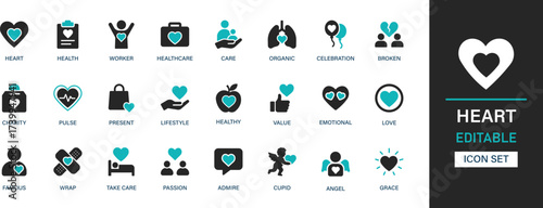Heart icon set collection. Health, worker, care, organic, celebration, broken, charity, pulse, present, lifestyle and best solid icon set.