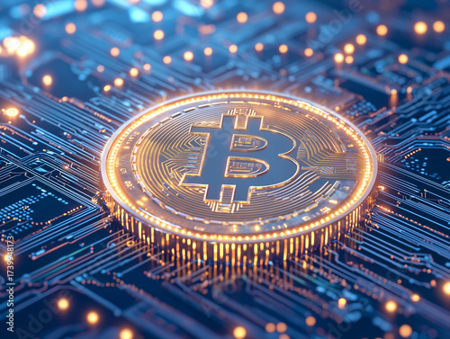 Digital currency symbol glowing on circuit board, representing future of finance and technology
