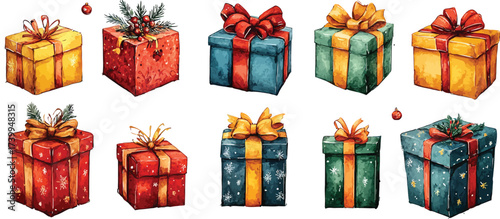 Red and gold Christmas gift boxes with bows and ribbons, a festive holiday decoration set