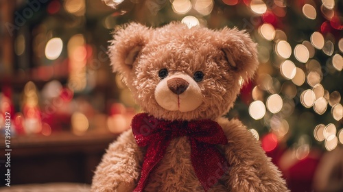 Teddy bear with a red Christmas bow against a Christmas tree and bokeh lights background. Christmas gift concept.