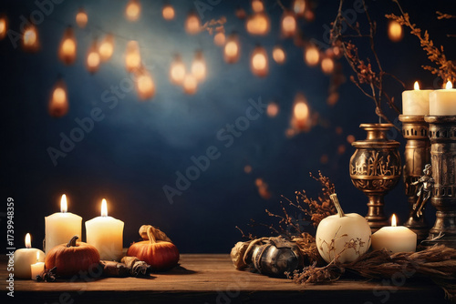 Background copy space for text All Saints Day card burning candles AI Generative