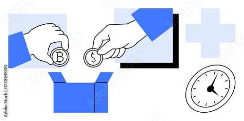 Hands placing cryptocurrency and dollar coins into box, representing financial decisions, time, and healthcare. Ideal for investment, fintech, savings, donation charity healthcare teamwork. Simple