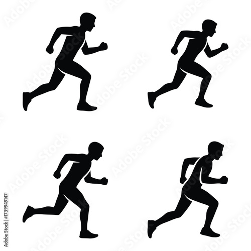 Dynamic runner silhouettes four poses action sequence athletic male figure motion study silhouette