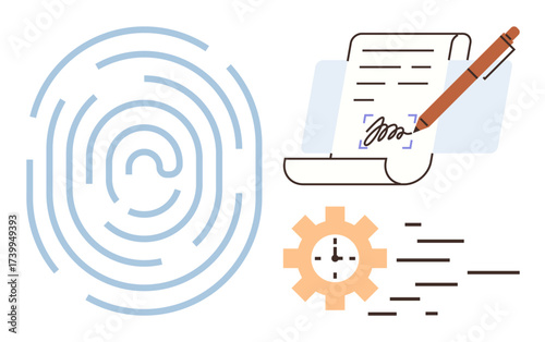 Fingerprint scanner, signed document with pen, and clock gear with motion lines. Ideal for authentication, security, workflow, digital identity, e-signatures technology verification. Simple flat