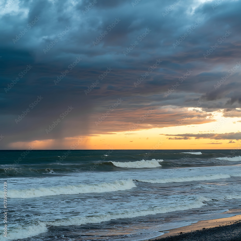 Obraz premium Dramatic Sunset Sky with Rain Falling Over Stormy Ocean Waves