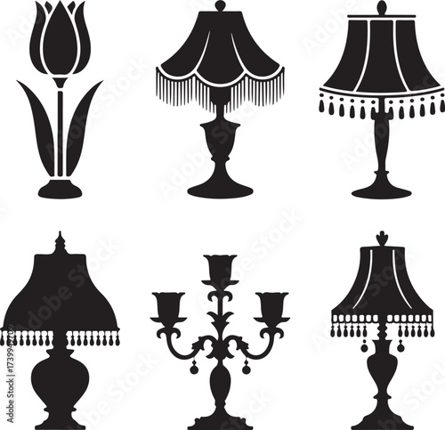 Black silhouettes of ornate lamps and a tulip candelabra