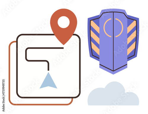 Map route with a location pin, shield for protection, and cloud element. Ideal for navigation, security, cloud storage, privacy, networking geolocation data safety. Simple flat metaphor