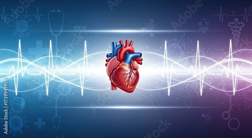 A human heart with a blue and red color scheme against a blue and purple background with medical icons.