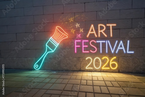 Neon sign for Art Festival 2026 featuring a paintbrush against a stone wall backdrop