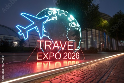Neon sign of a globe with an airplane, promoting Travel Expo 2026 at a modern venue