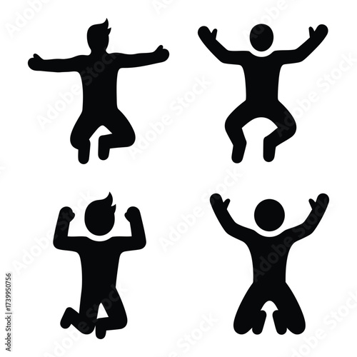 Four dynamic silhouette figures in mid-air jumping poses expressing joy freedom celebration and activity icons silhouette