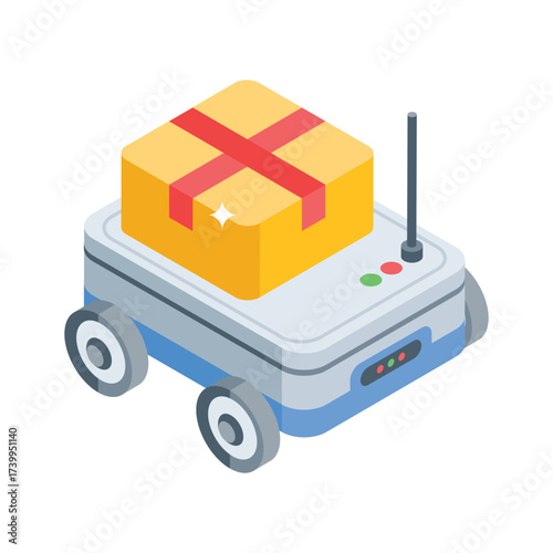 An isometric icon of a modern delivery robot carrying a gift-wrapped package.