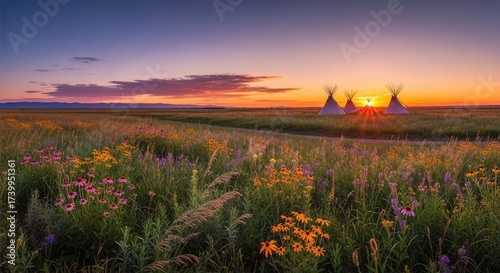 Three teepees in a field of wildflowers at sunset.