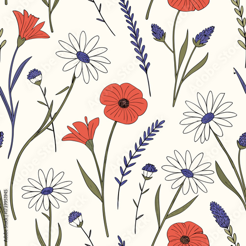 A seamless Wildflower Meadow pattern illustration. Modern abstract design for paper, covers, fabric, interior decor, and other applications.