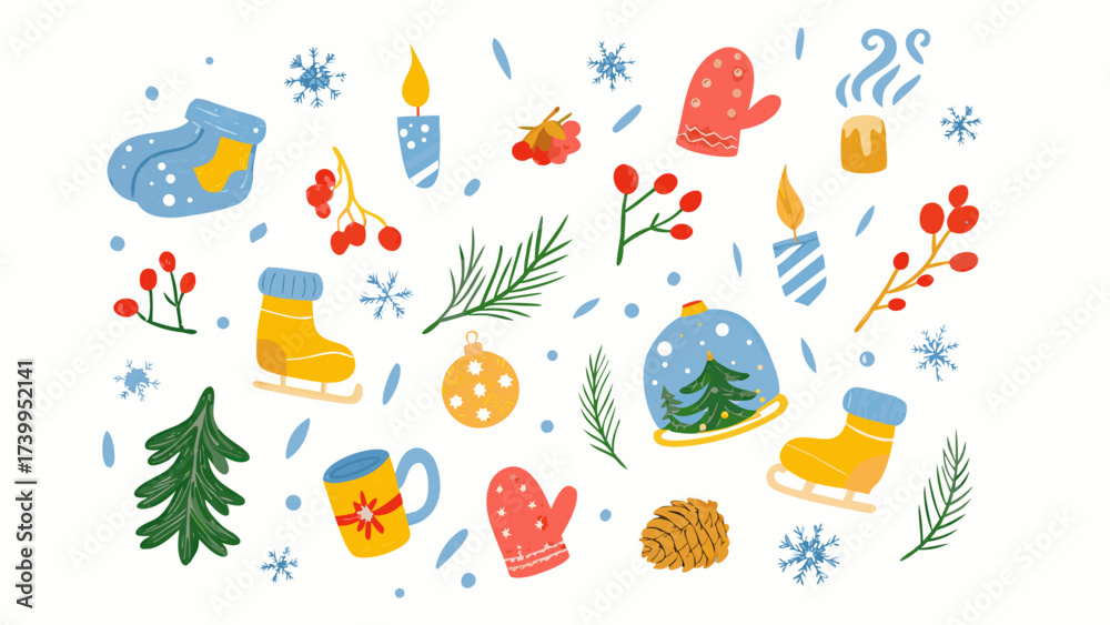 Fototapeta premium A whimsical winter-themed illustration with scattered festive items on a light background.