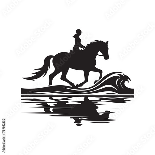horse and rider on beach vector silhouette clip art logo design illustration