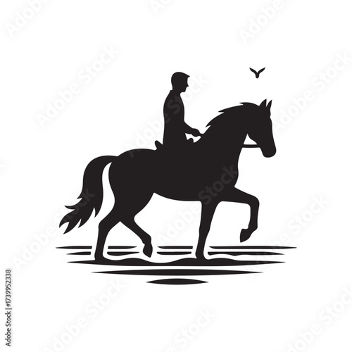 horse and rider on beach vector silhouette clip art logo design illustration