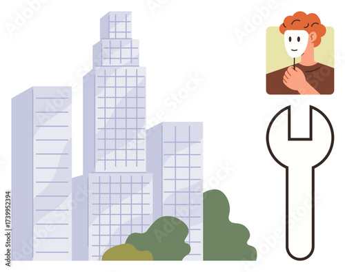 Skyscrapers with greenery, a person holding a mask, and a wrench represent urban growth, identity, truth, customization, problem-solving, repair, adaptability in a simple flat metaphor